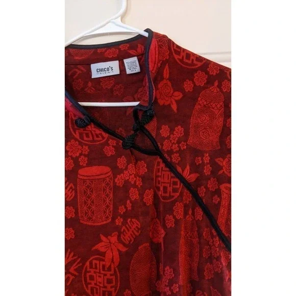 Chico's Red & Black Asian Inspired Cap Short Sleeved Shirt, Size 3 - Picture 6 of 9
